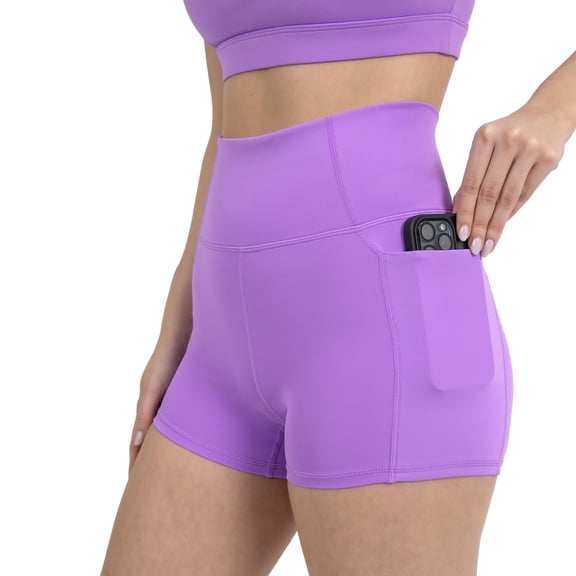 YITTY Active Women's UltraLuxe High Waist Pocket Biker Shorts – 3"/6" Tummy Control, Compression, Breathable & Activewear, Neon Violet, M, 3"