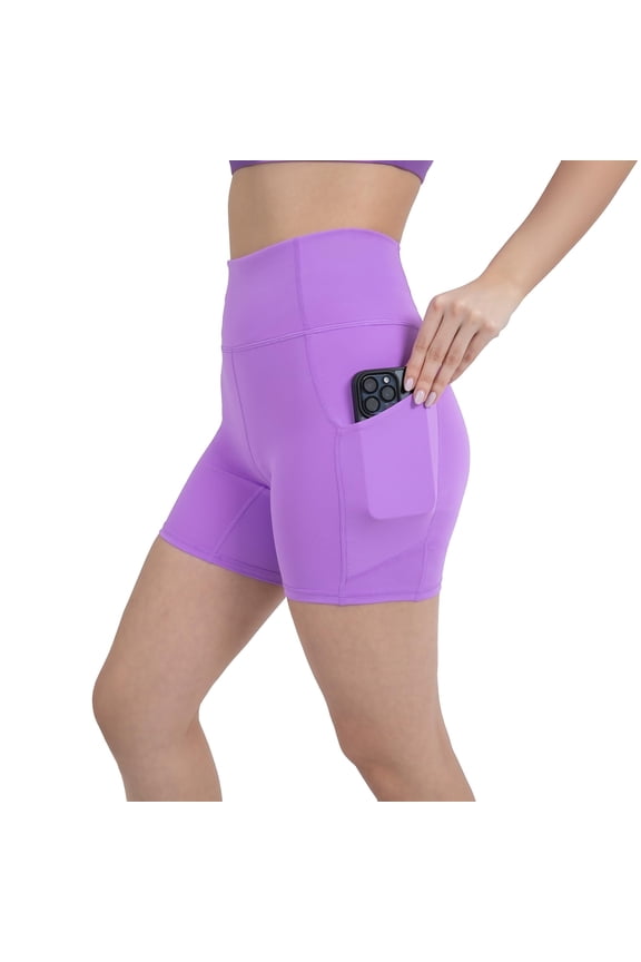 Active Women's UltraLuxe High Waist Pocket Biker Shorts – 3"/6" Tummy Control, Compression, Breathable & Activewear, Neon Violet, M, 6"