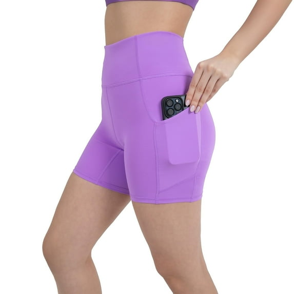 YITTY Active Women's UltraLuxe High Waist Pocket Biker Shorts – 3"/6" Tummy Control, Compression, Breathable & Activewear, Neon Violet, XS, 6"