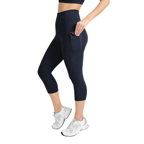 YITTY Active Women's UltraLuxe High-Waist Pocket Legging, Athleisure, 4-Way-Stretch, Deep Navy, M, Capri | 19" Inseam