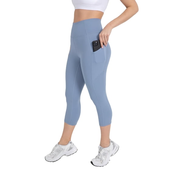 YITTY Active Women's UltraLuxe High-Waist Pocket Legging, Athleisure, 4-Way-Stretch, Elemental Blue, L, Capri | 19" Inseam