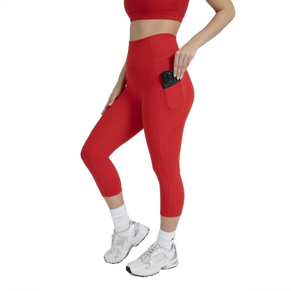 YITTY Active Women's UltraLuxe High-Waist Pocket Legging, Athleisure, 4-Way-Stretch, Heated Red, M, Capri | 19" Inseam