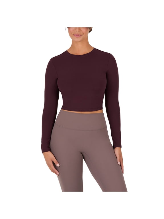 Active Women's UltraLuxe Long Sleeve Cropped Workout Top, Athleisure, 4-Way-Stretch, Dark Burgundy, XL