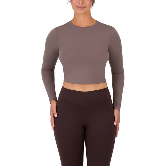 YITTY Active Women's UltraLuxe Long Sleeve Cropped Workout Top, Athleisure, 4-Way-Stretch, Taupe Brown, M