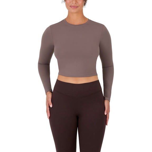 YITTY Active Women's UltraLuxe Long Sleeve Cropped Workout Top, Athleisure, 4-Way-Stretch, Taupe Brown, M