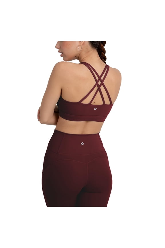 Active Women's UltraLuxe Strappy Medium Impact Bra, Athleisure, 4-Way-Stretch, Burgundy, M