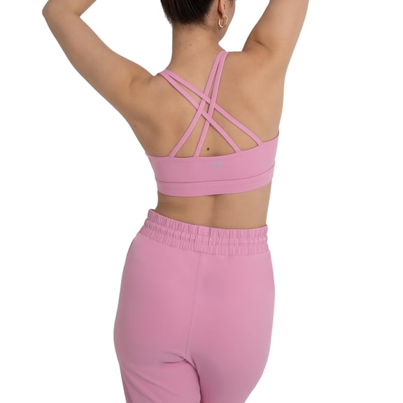 YITTY Active Women's UltraLuxe Strappy Medium Impact Bra, Athleisure, 4-Way-Stretch, Pink Sorbet, L