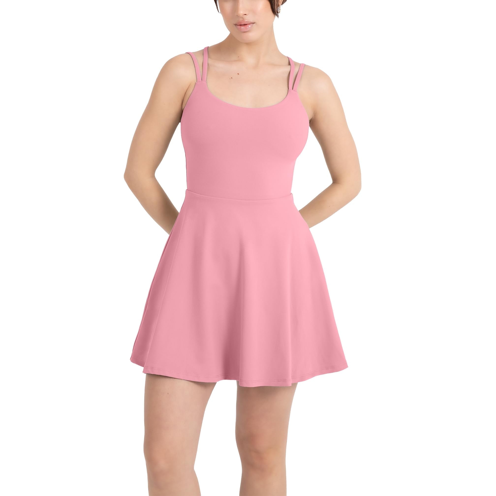 YITTY Active Women's UltraLuxe Strappy Tennis Dress with Built in Short, Athleisure, 4-Way-Stretch, Pink Sorbet, S