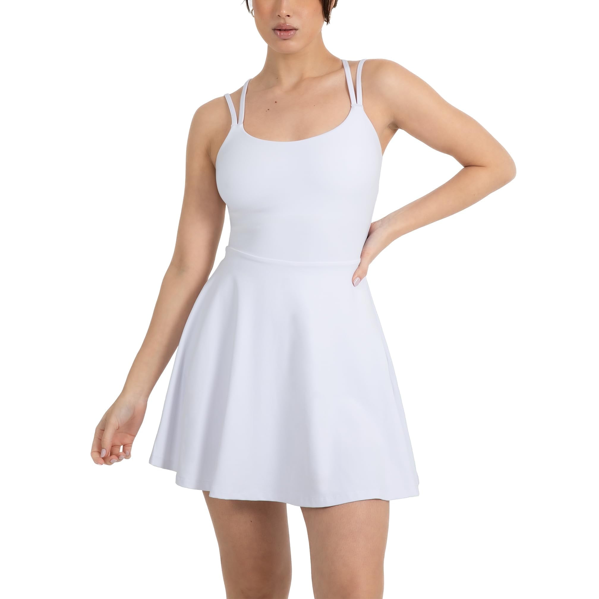 YITTY Active Women's UltraLuxe Strappy Tennis Dress with Built in Short, Athleisure, 4-Way-Stretch, True White, XS