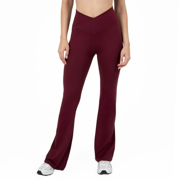 YITTY Active Women's Ultraluxe Crossover Kick Flare High Waist Legging, Athleisure, 4-Way-Stretch, Burgundy, XXL-1X, Regular | 32" Inseam