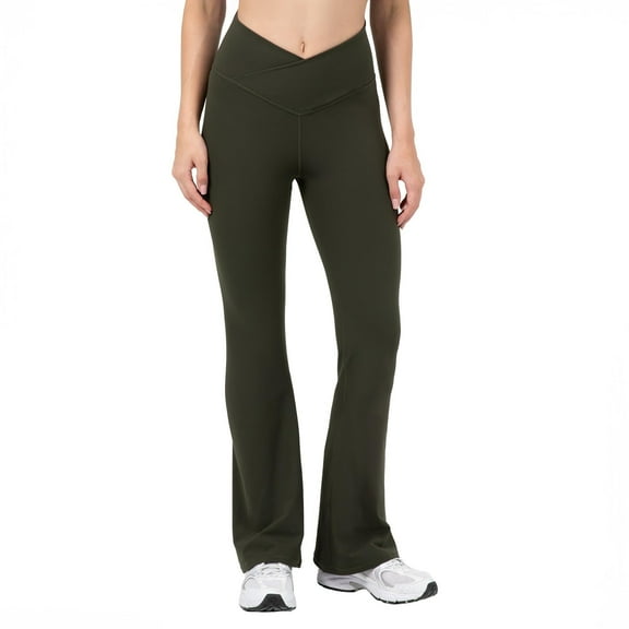 YITTY Active Women's Ultraluxe Crossover Kick Flare High Waist Legging, Athleisure, 4-Way-Stretch, Dark Olive, S, Regular | 32" Inseam
