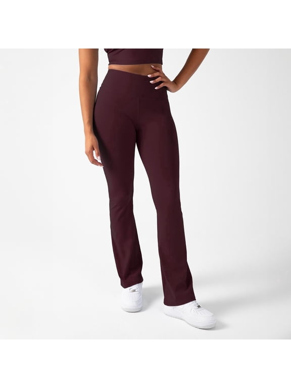Active Women's UltraLuxe Kick Flare High Waist Legging, Athleisure, 4-Way-Stretch, Burgundy, M, Petite | 28" Inseam
