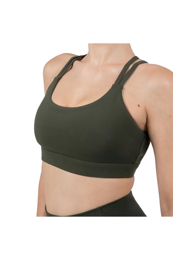 Active Women's Ultraluxe Strappy Medium Impact Bra, Athleisure, 4-Way-Stretch, Dark Olive, XS