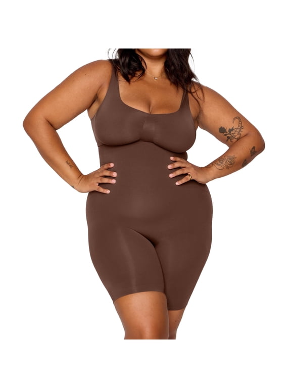 Nearly Naked Shaping Mid Thigh Bodysuit, Brown, 1X/2X