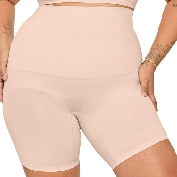 YITTY Nearly Naked Shaping Ultra High Waist Booty Lift Short, Beige, 1X/2X
