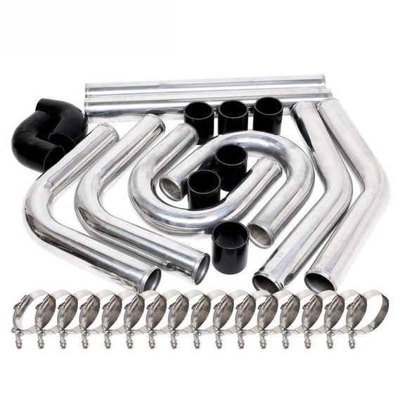 YIUIY 2.5" 63mm Universal Polished Aluminum Intercooler Pipe Kit + Black Hose + Clamp