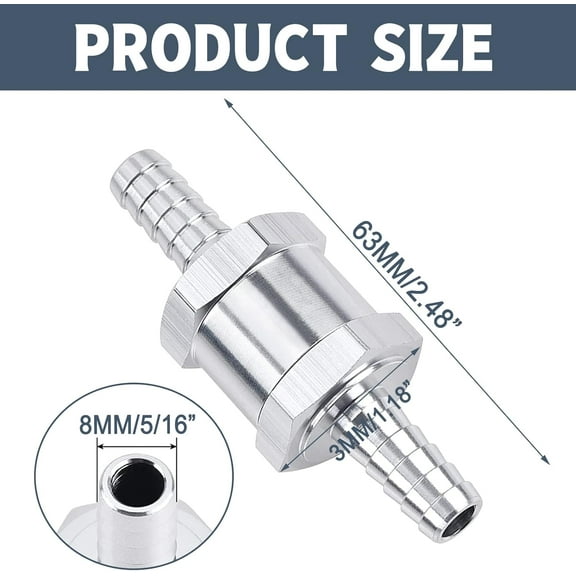 YIUIY 2 Packs 5/16" 8mm Aluminium Alloy Non Return One Way Fuel Line Check Valve Sliver