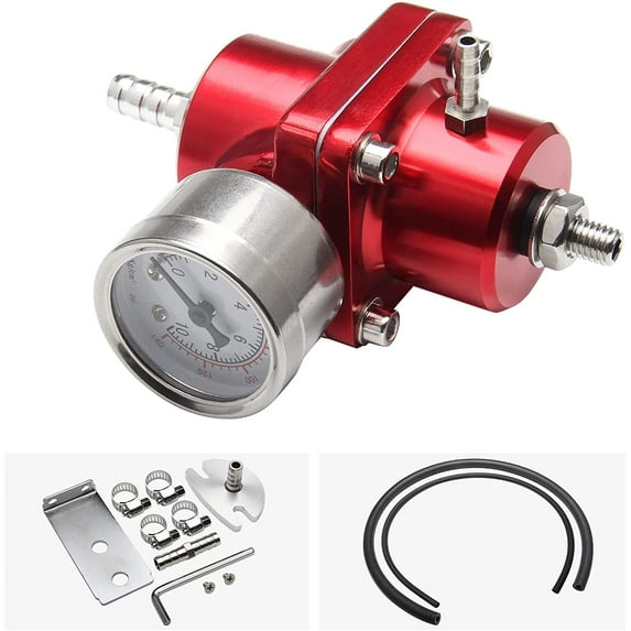 YIUIY Adjustable Fuel Pressure Regulator With Gauge Hose 0-140 PSI Universal 6AN FPR Kit Aluminum Red
