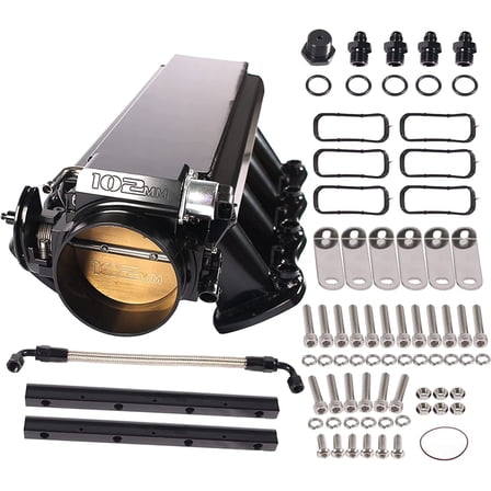 YIUIY LS Intake Manifold with 102mm Throttle Body Fuel Rails Kit Replacement for Chevy 4.8 5.3 6.0 6.2 LS LS1 LS2 LS6 Sheet Metal Al Fabricated Black