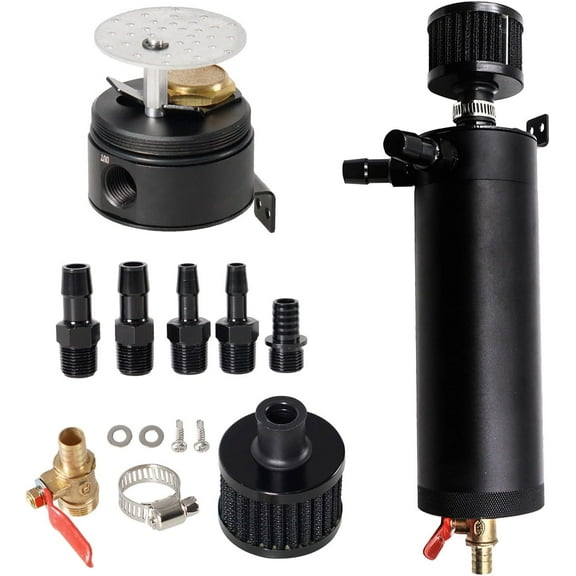YIUIY Universal Baffled Oil Catch Can Kit 2-Port Reservoir Tank Large Filter Drain Valve 750ml Billet Aluminum Black