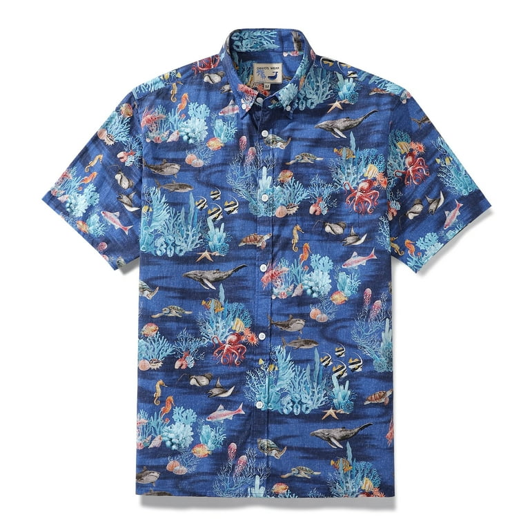 YIUME Hawaiian Shirt For Men Blue Short Sleeve Ocean Marine Life Aloha Shirt