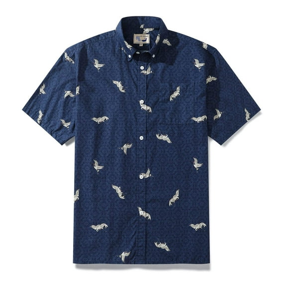YIUME Hawaiian Shirt For Men Crane Print Short Sleeve Cotton Button Down - Blue