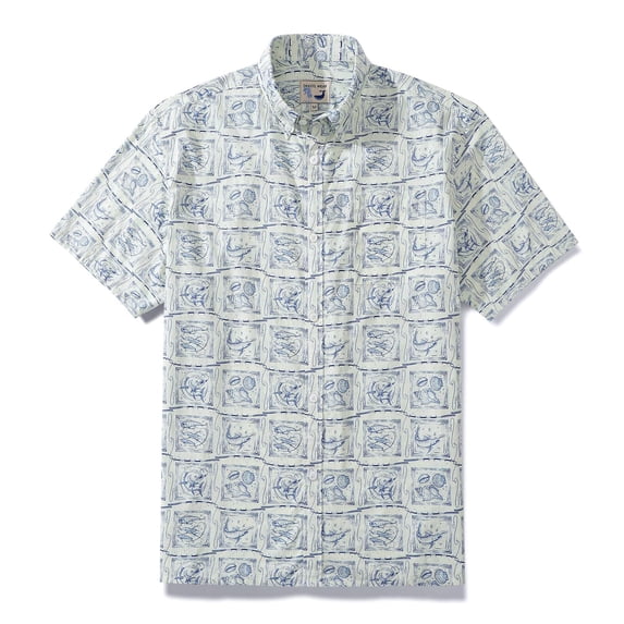 YIUME Hawaiian Shirt For Men White Cotton Aloha Shirt Ship Print Short Sleeve