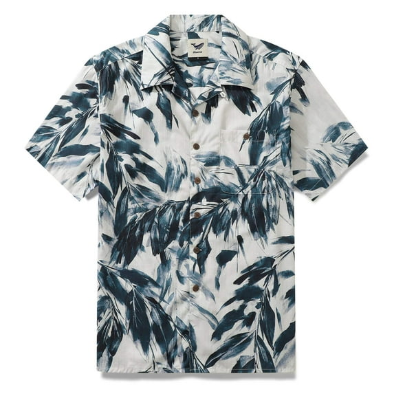 YIUME Men's Aloha Shirt Ink Painting Bamboo Leaves Cotton Short-sleeve Camp Shirt