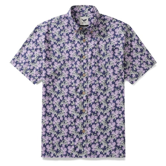 YIUME Men's Button Down Morris Shirt Purple Floral Cotton Aloha Shirt Hawaiian Shirt