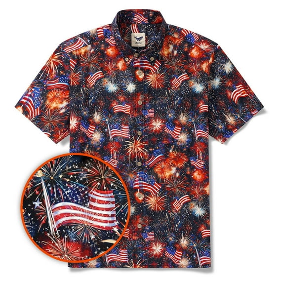 YIUME Men's Button-down Hawaiian Shirt Short Sleeve Patriotic Fireworks Independence Day Shirts