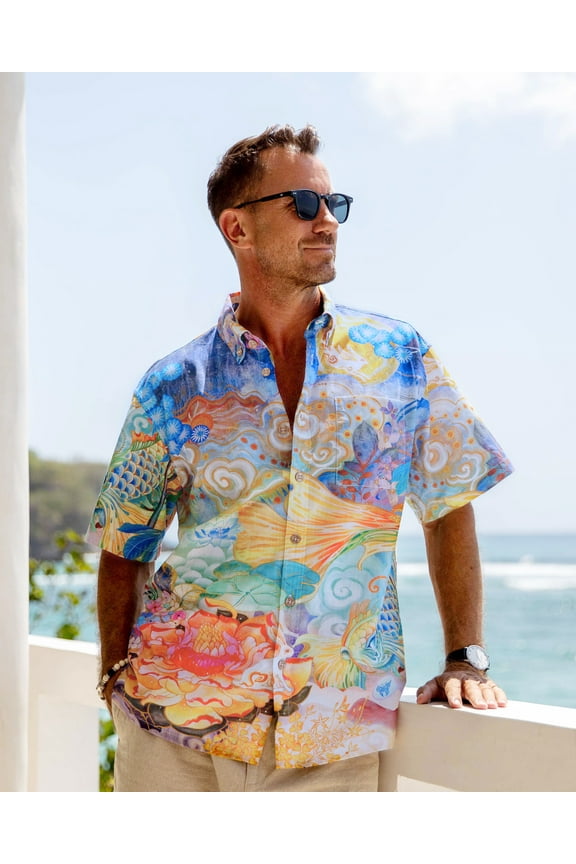 Men's Designer Hawaiian Shirt Cloud-wandering Koi Print Cotton Aloha Shirt