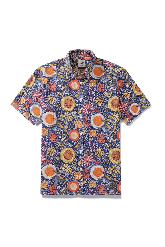 Men's Hawaiian Shirt 1960s Vintage Kingfisher and Flowers Print Cotton Button-down Short Sleeve Aloha Shirt