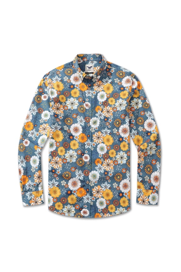 Men's Hawaiian Shirt 60's Floral Print By Samantha O' Malley Cotton Button-down Long Sleeve Aloha Shirt