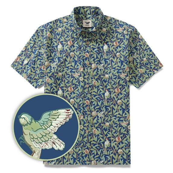 YIUME Men's Hawaiian Shirt Birds and Pomegranates Print Cotton Button-down Short Sleeve Aloha Shirt