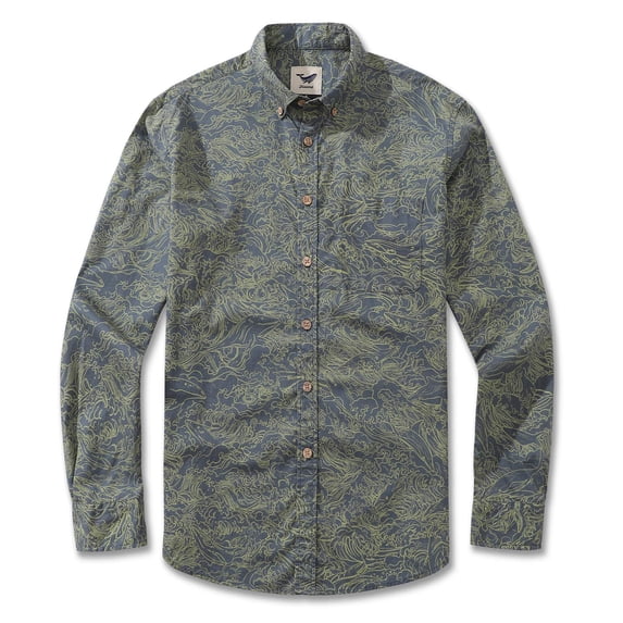 YIUME Men's Hawaiian Shirt Dance of the Sea Cotton Button-down Long Sleeve Aloha Shirt
