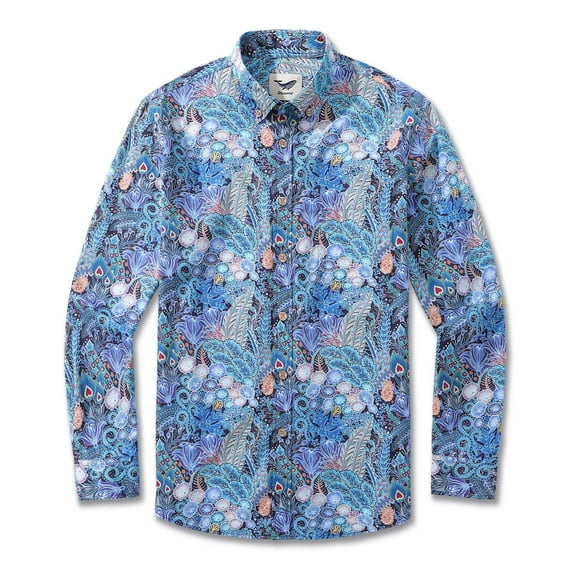 YIUME Men's Hawaiian Shirt Floral Pattern Series 2 Print Cotton Button-down Long Sleeve Aloha Shirt