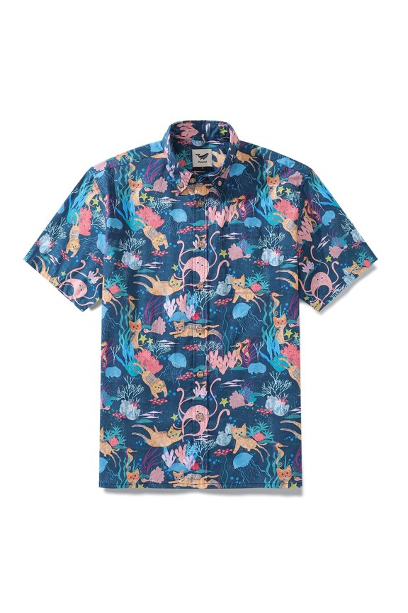 Men's Hawaiian Shirt Fun Dive Print By Pallavi Chaudhary Cotton Button-down Short Sleeve Aloha Shirt