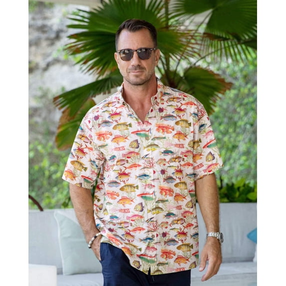 YIUME Men's Hawaiian Shirt Sea Ocean Fish Print Cotton Button-down Short Sleeve Aloha Shirt