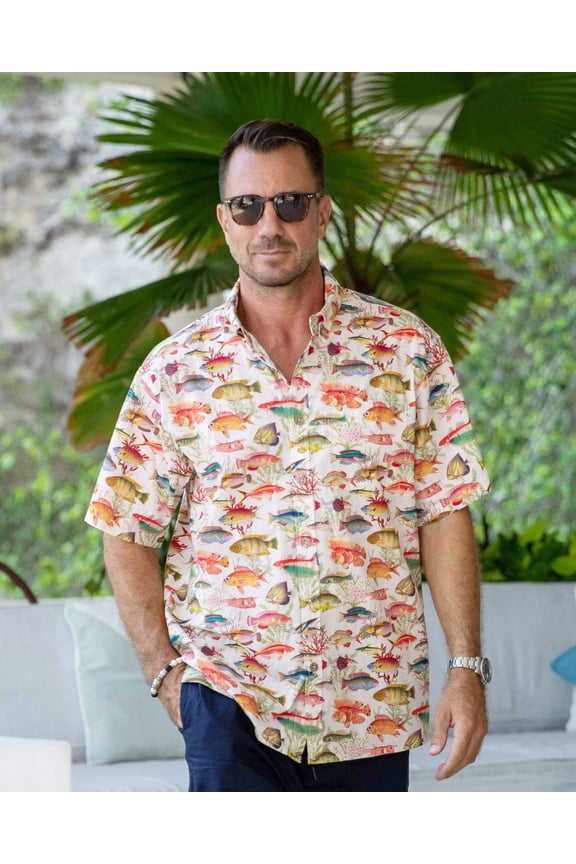 Men's Hawaiian Shirt Sea Ocean Fish Print Cotton Button-down Short Sleeve Aloha Shirt