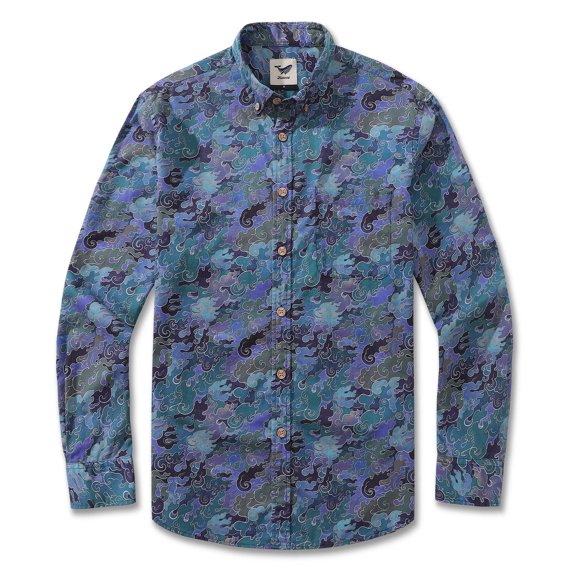 YIUME Men's Hawaiian Shirt Serene Waves Cotton Button-down Long Sleeve Aloha Shirt