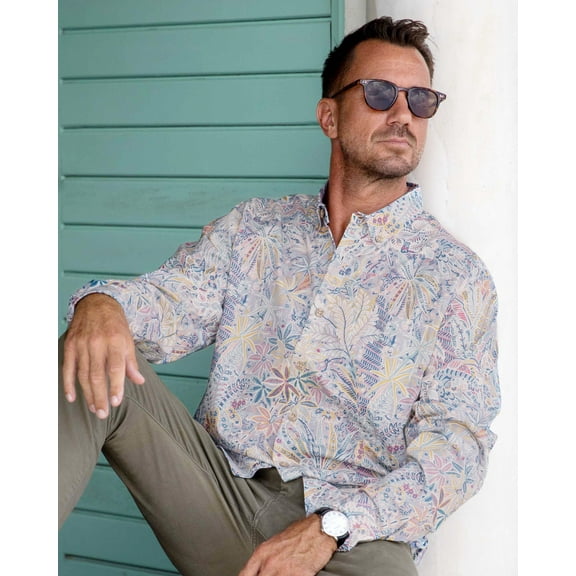 YIUME Men's Hawaiian Shirt Tropical Palm Tree Print Cotton Button-down Long Sleeve Aloha Shirt