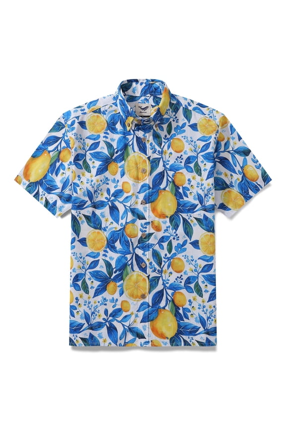 Men's Short Sleeve Hawaiian Shirt Lemon Print Cotton Button Down Aloha Shirts