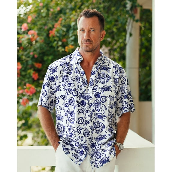 YIUME Tropical Print Figs and Crabs 100% Cotton Men's Button-Down Shirt