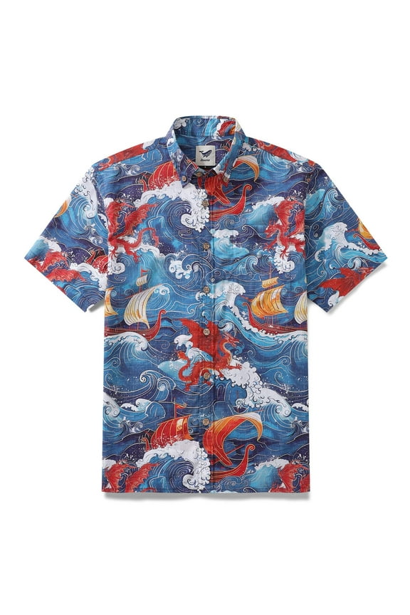 Viking Hawaiian Shirt For Men Dragon-Hunting Button-down Short Sleeve Cotton Beach Shirt