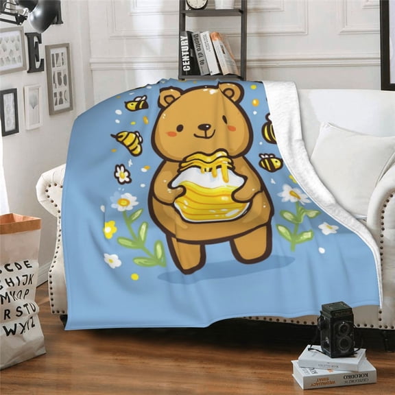 YIVIOYIL Cute Honey Bear Throw Blanket, Sweet Bee & Hive Art, Soft Flannel Fleece, Birthday Gift Idea 50x40