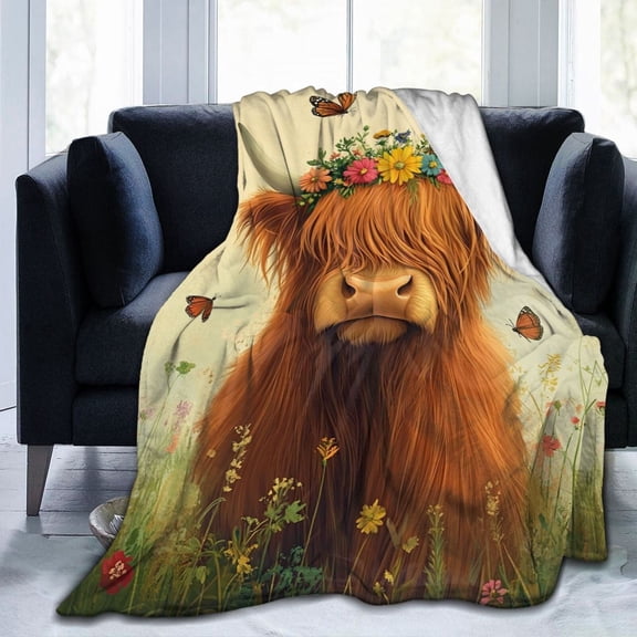 YIVIOYIL Highland Cow Blanket – Cute Boho Farm Cow Print Throw With Butterflies, Soft Cozy Flannel, Rustic Floral Aesthetic Gift For Women &Cow Lovers 50x40