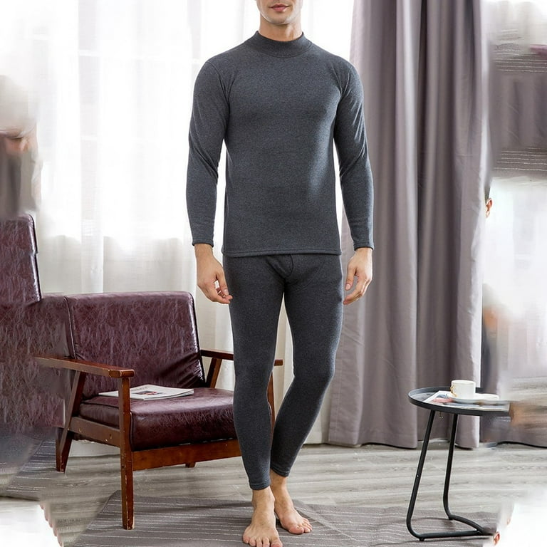 YIWEI 2Pcs Men Thermal Underwear Plus Velvet Suit Pajamas Home Service Warm  Base Shirt Dark Gray 2XL 