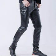 YIWEI Casual Mens Fashion Long Pants Synthetic PU Leather Nightclub Slim Trousers Black 3XL