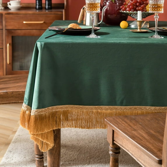 YIWEI European Tassel Velvet Tablecloth Square Dinner Table Cover Retro Decoration, dark green