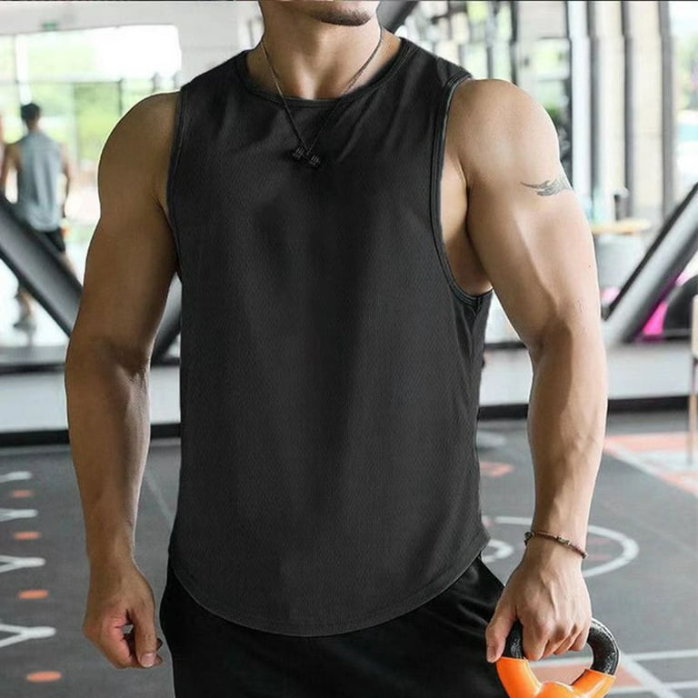 YIWEI Men Gym Muscle Singlets Workout Tank Top Bodybuilding Fitness Sleeveless  T-Shirt Black M 